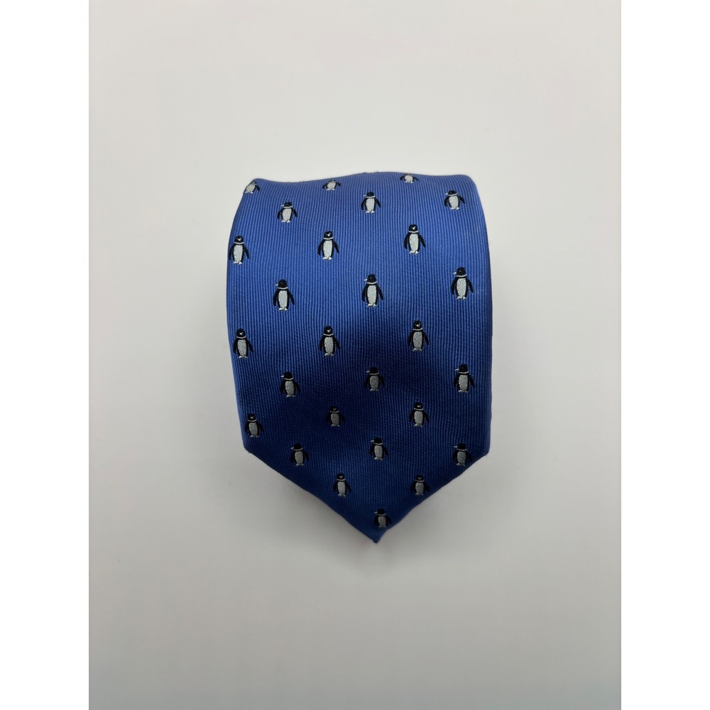 Tommy Hilfiger Mens Blue Penguin Animal Print 100% Silk Necktie Tie